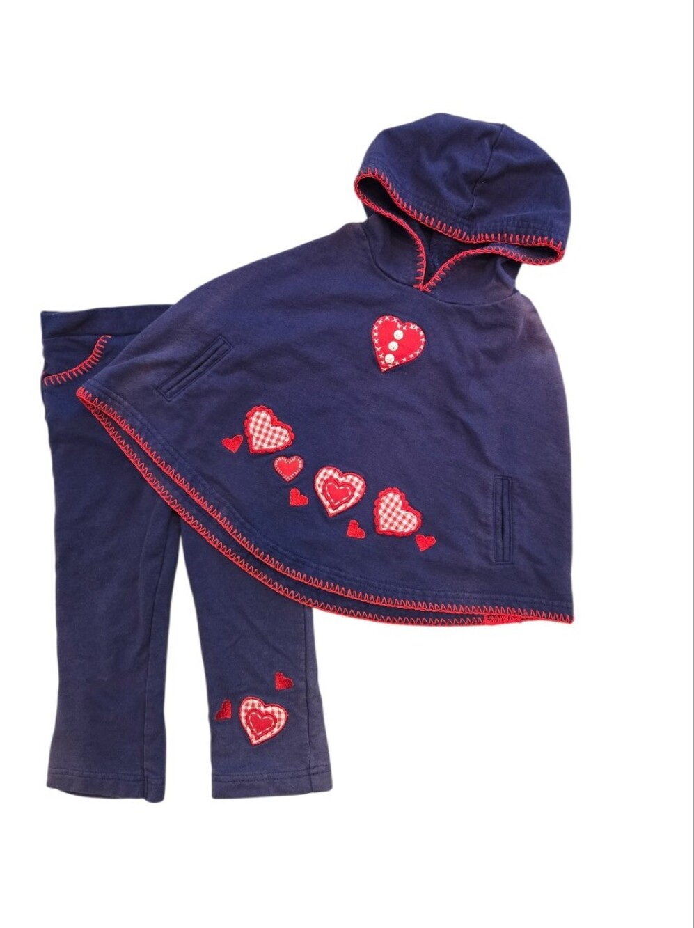 Vintage Y2k Miniwear Navy Hooded Poncho & Leggings Set with Red Heart Appliques